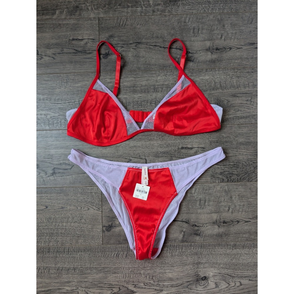 Anthropologie LyreBird Satin Mesh Triangle Bra & Panty Bikini Lingerie Set M/L - Picture 6 of 15
